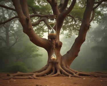 A serene coastal scene with gentle waves and a large tree framing the horizon at sunset.