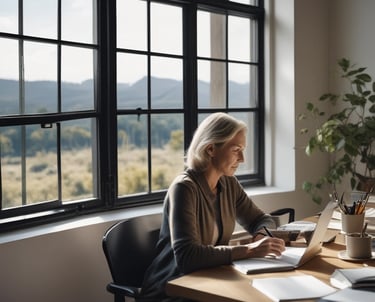 A serene woman in her 50s smiling gently while writing in a journal by a sunny window.