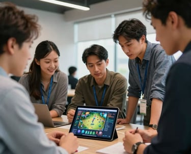 A candid group shot of tech professionals in a modern North American US office, collaborating over a tablet displaying a game UI design.