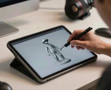 Action shot of a game designer adjusting a 3D model on a high-end tablet, North American US modern interior.