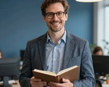 Portrait of a professional project manager in a bright North American US creative agency setting, holding a notebook, slate blue background.