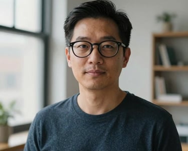 Portrait of a creative lead in a stylish North American US studio, wearing glasses, soft daylight from a window, professional mood.