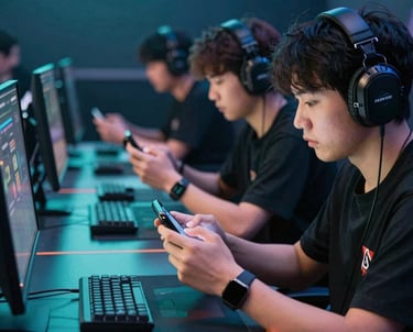 Action shot of a gaming tournament in a North American US venue, focused on players using mobile devices, teal and blue ambient lighting.
