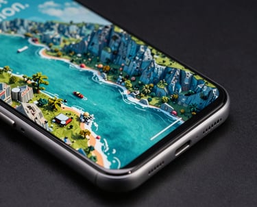 A macro shot of a high-performance gaming smartphone displaying a colorful 3D landscape with teal and slate blue elements, North American US tech aesthetic.
