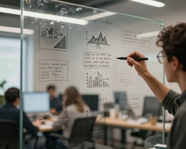 Atmospheric photography of a creative brainstorming session in a North American US tech studio, with a focus on a glass board and marker drawings.