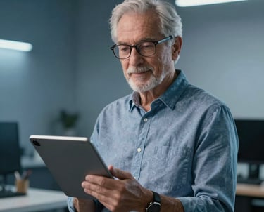 Portrait of a senior developer in a sleek North American US studio environment, slate blue lighting, holding a modern tablet.