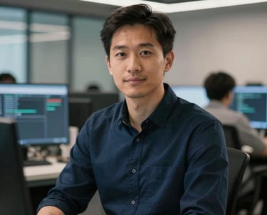 Portrait of a software engineer in a modern North American US tech hub, wearing a dark blue shirt, focused and professional.
