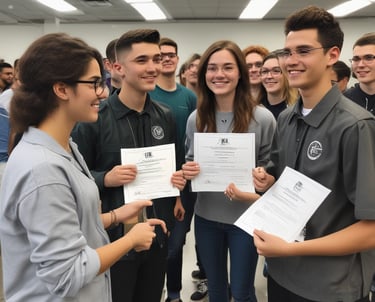 Adult woman happily receiving her certification diploma in a formal setting.