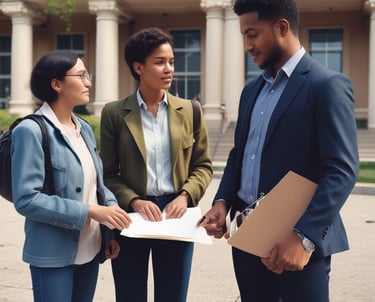 A professional advisor explaining insurance options to a diverse couple in a modern office.