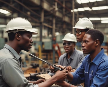 Team meeting in an industrial workshop discussing project roles.