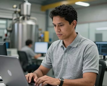 A professional portrait of a male South American / Brazilian industrial process specialist in a clean grey polo shirt, working on a laptop in a modern factory control room.