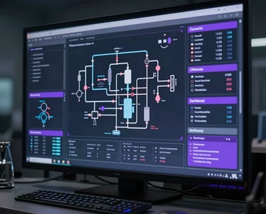 A high-tech digital interface showing chemical process flows and data analytics on a screen in a dark control room. Purple and grey-blue highlights. Modern engineering style.