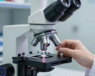 Close-up of a high-end microscope in a chemical lab with a technician's hand adjusting the focus. Clinical, precise, professional photography with purple accents.