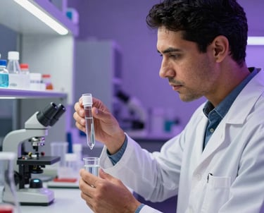A South American / Brazilian professional male environmental consultant examining water samples in a high-tech lab. Deep purple lighting accents, clean and modern scientific environment.