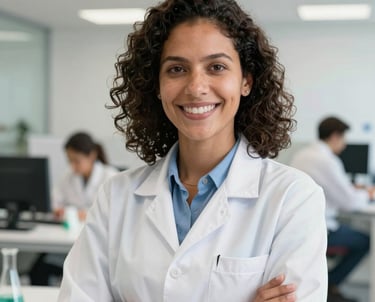 A bright, professional portrait of a South American / Brazilian female chemical engineer in a modern white office. She is smiling confidently at the camera. Soft, high-quality lighting, credible and welcoming atmosphere.