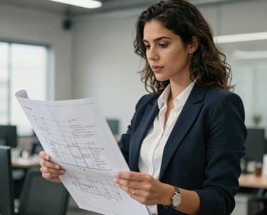 A South American / Brazilian woman in business attire holding a technical blueprint, discussing details in a clean industrial office. High credibility, focus on expertise.