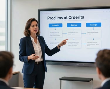 A professional Brazilian consultant in business casual attire presenting a digital strategy on a large screen in a modern conference room. Bright, airy, and high-trust atmosphere.