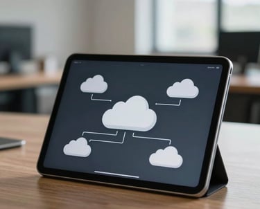 Minimalist photography of a digital tablet showing cloud infrastructure diagrams. Professional and technical atmosphere, soft natural light, South American office environment.