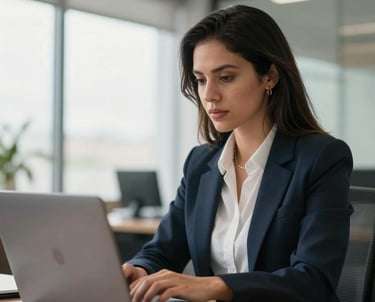 A professional woman consultant in a South American office using a laptop, looking focused and confident. Soft morning light, professional setting.