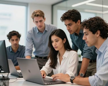 Modern professional office environment. A team of Brazilian tech experts collaborating around a high-end laptop. Clean lines, bright, professional.