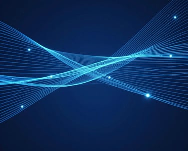 An abstract image showing digital connections and data streams. Deep blue background with light blue glowing lines. Clean, tech-inspired, modern.