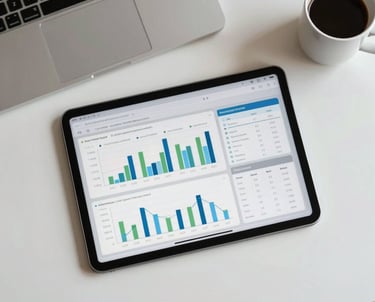 Top-down photography of a clean desk with a tablet showing data charts and a cup of coffee. Professional, productive morning atmosphere.