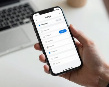 Photography of a person's hand holding a smartphone displaying a clean business dashboard. Modern workspace background, soft lighting, professional.