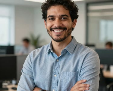 Portrait of a male professional IT consultant in a South American office. Smiling, confident, wearing business casual attire. Background blurred office.