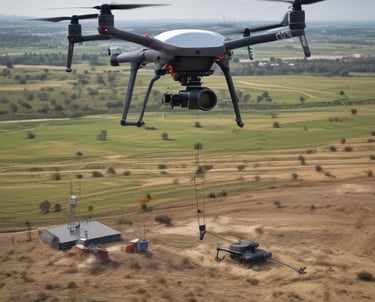 A drone flying high above a sprawling forested landscape during golden hour.