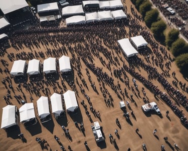 A drone hovering above a crowded outdoor festival, capturing live aerial footage.