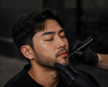 A man receiving a scalp micropigmentation or beard tattoo treatment from a professional artist.