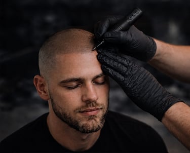 Professional scalp micropigmentation treatment for a man with a buzzed hair look to improve hairline density.