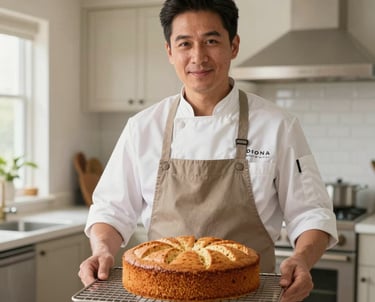 A portrait of a culinary expert in a modern kitchen setting, holding a cooling rack with a cassava cake, set in a bright North American home with beige and tan accents.