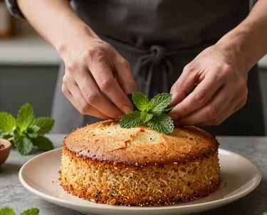 A portrait of a food stylist carefully arranging fresh mint leaves next to a cassava cake on a cream-colored ceramic plate, shot in a high-end US residential kitchen.