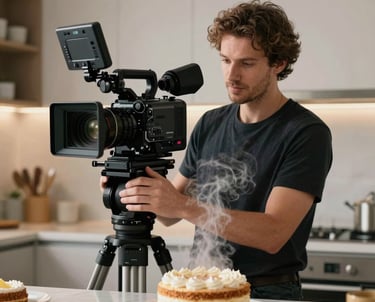 A professional portrait of a male filmmaker holding a digital cinema camera in a well-lit modern kitchen studio, focused on capturing the steam rising from a fresh cake.
