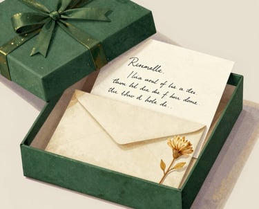 Elegant green gift box with a handwritten note, cream envelope. Pisma iz srca