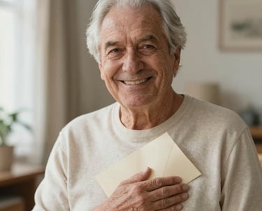 A smiling senior man holding an envelope close to his heart. Pisma iz srca
