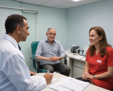 Doctor warmly consulting a smiling patient in a bright clinic room