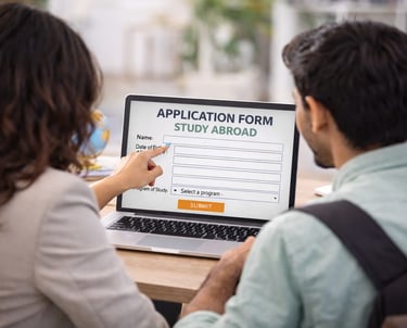 a study abroad counsellor helping student with  study abroad application form