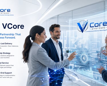 Business professionals using a digital AI interface for VCore Systems infrastructure and technology solutions.