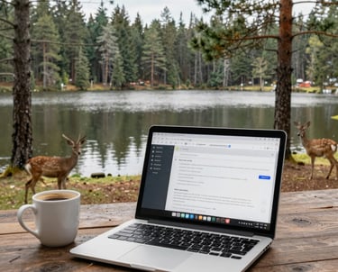 A cozy Northwoods office desk with a laptop, HR documents, and a warm mug of coffee.