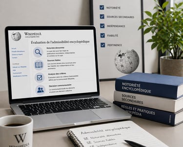 Ordinateur affichant l’évaluation de l’admissibilité encyclopédique sur Wikipédia avec critères