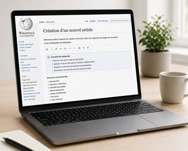 Ordinateur portable sur un bureau affichant l’interface de création d’un nouvel article Wikipédia