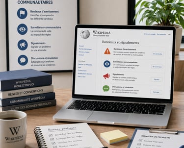 Ordinateur affichant la gestion des bandeaux Wikipédia, signalements communautaires