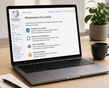 Ordinateur portable sur un bureau affichant une page Wikipédia dédiée à la maintenance d’un article