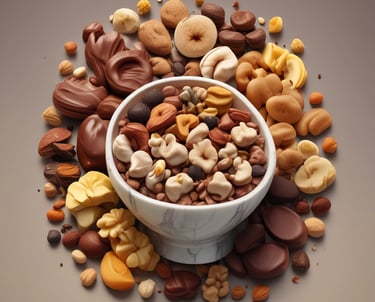 Close-up of rich handmade chocolate pieces with various flavors arranged artfully on a wooden board