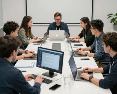 A vibrant office scene showing diverse professionals collaborating around a table.