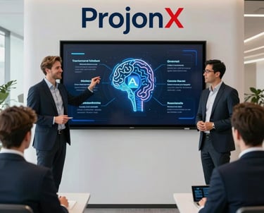Futuristic office space with holographic AI project displays and professionals collaborating.