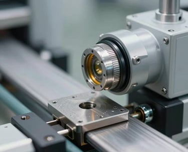 Macro shot of an industrial sensor detecting a metal part on a conveyor belt. Modern electronics, clean industrial design.
