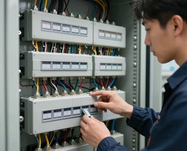 Technical expert inspecting a complex electrical control cabinet with numerous wires and components. High precision and order, professional lighting.